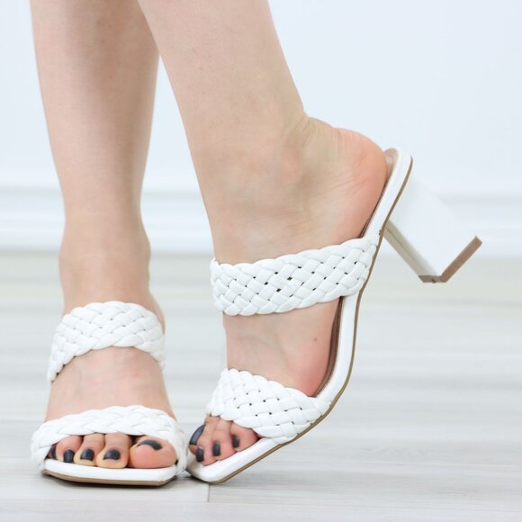 White Block Low Heeled Mule Open Squared Toe Slip On Sandals Braided Straps - Picture 10 of 14